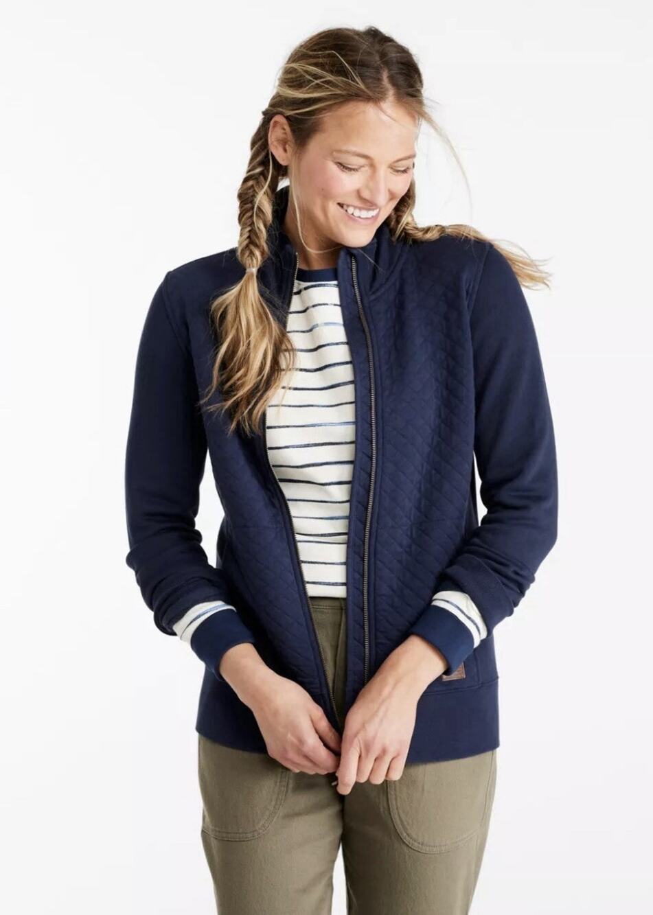LL Bean Quilted Sweatshirt Blue Women's Medium Full Zip Diamond Knit Cozy Jacket